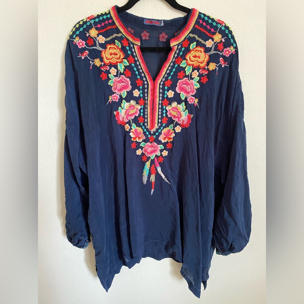 Johnny Was Navy Blue Embroidered Floral Tunic Blouse Size XXL